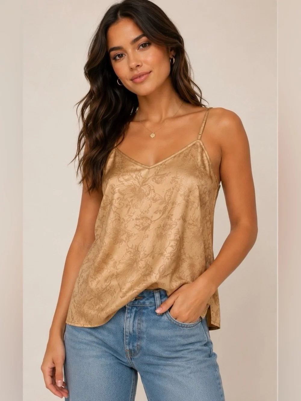 Stars Above Satin Floral Cami Top NWT Gold Champagne Lace Back Sleepwear S